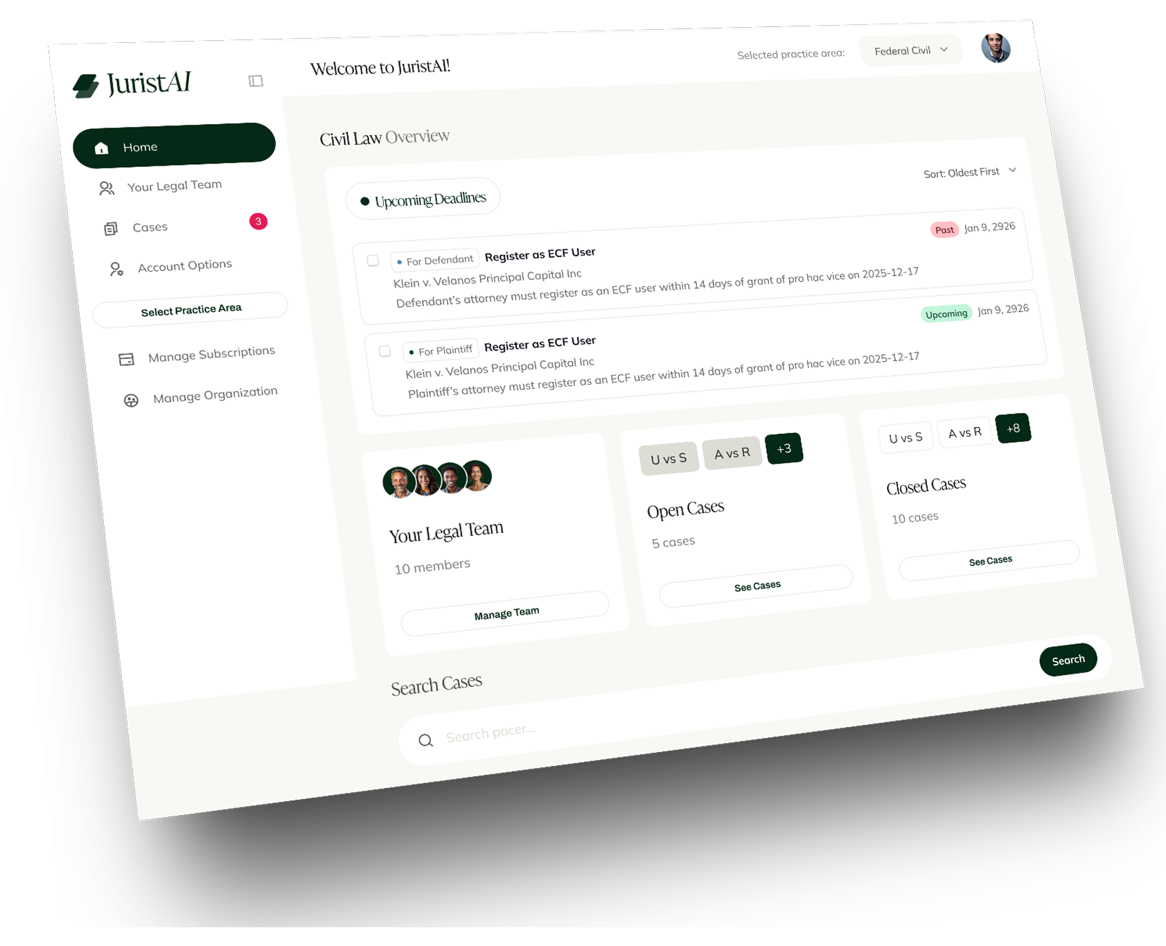 Vienna dashboard showing a Civil Law overview with upcoming deadlines, legal team, and open and closed cases